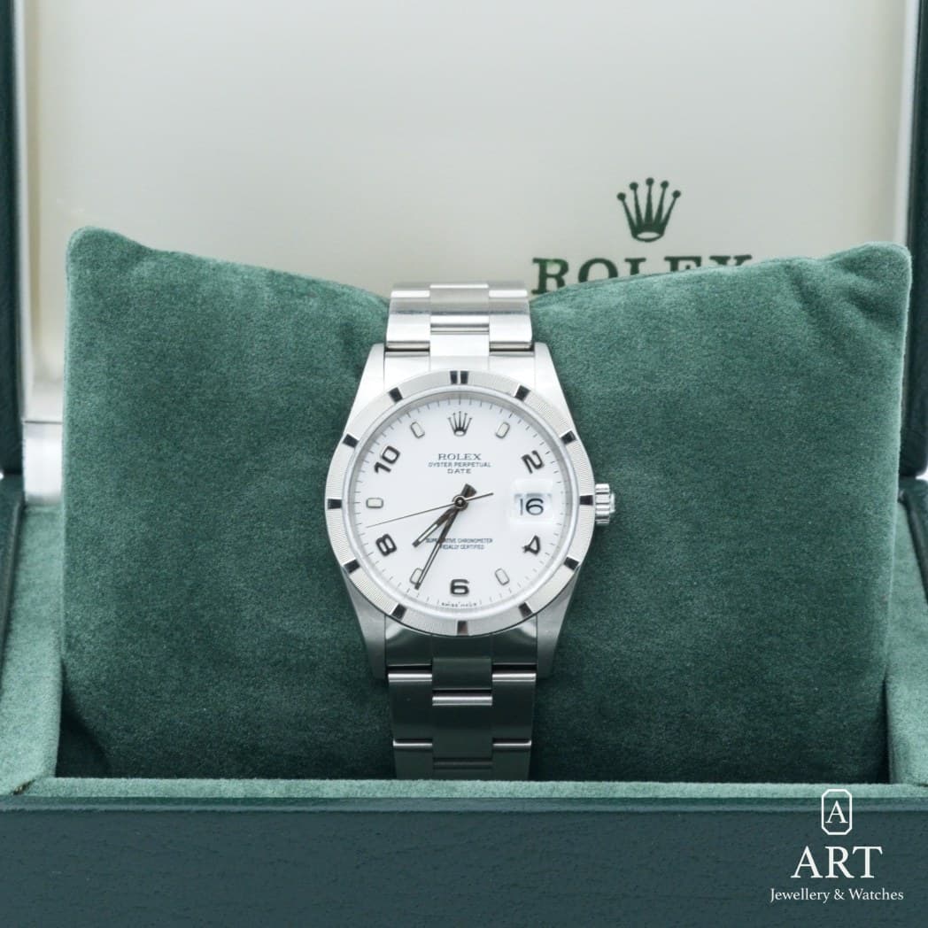 Rolex Oyster Perpetual Date saati, beyaz kadran, referans 15210 (2)